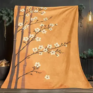 1 Pcs Bamboo And Flower-Branch-Themed Flannel Blanket, Digital Print, Sofa Bed Cover Blanket, Skin-Friendly And Soft, Suitable For Birthday And New Year Gifts All Year Round