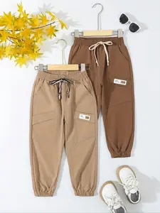 Boy's Letter Patched Pocket Elastic Waist Jogger  Pants, Street Fashion Casual Tie Front Trousers for Daily Wear, Kids Bottoms for Spring & Fall