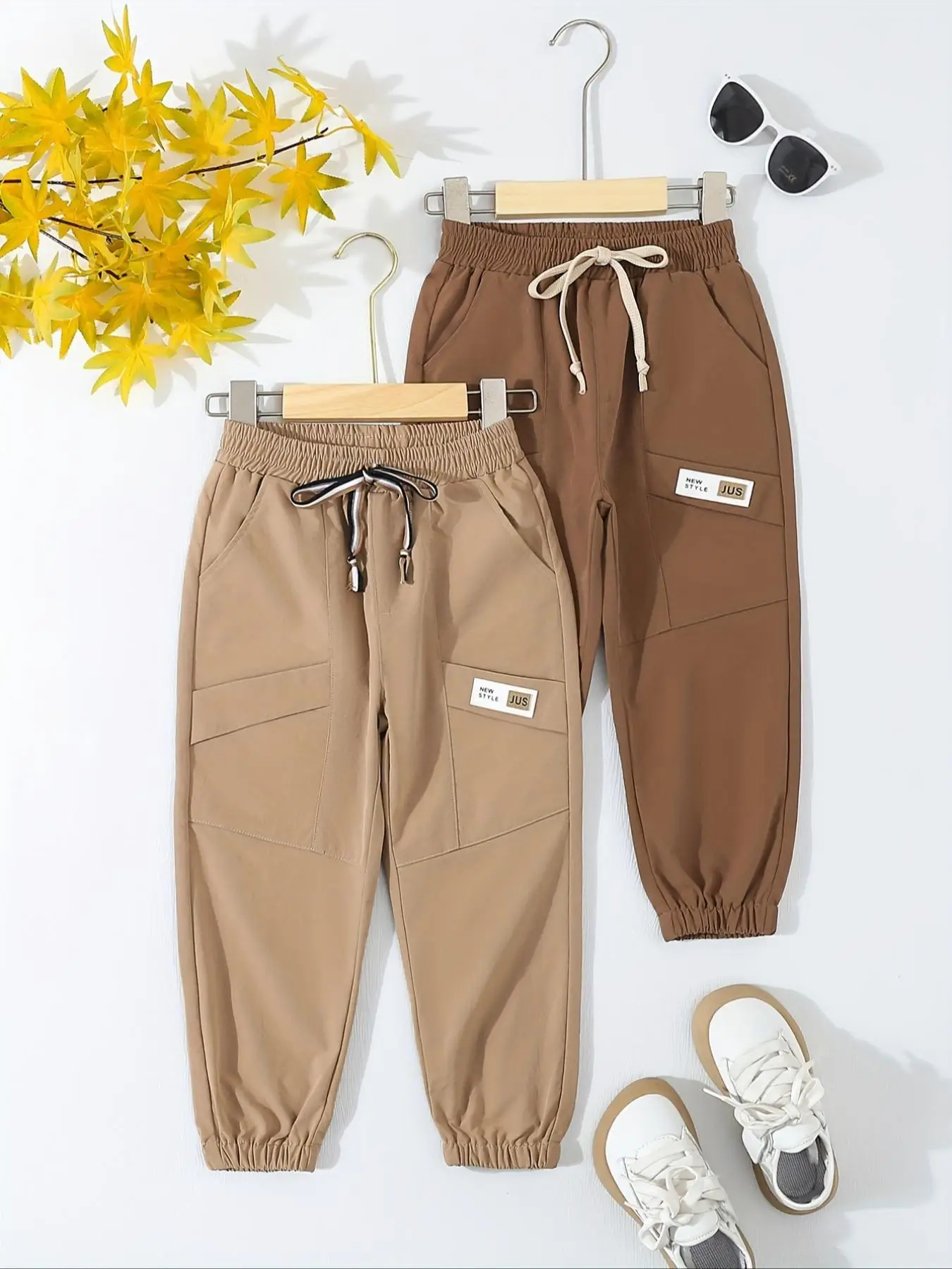 Boy's Letter Patched Pocket Elastic Waist Jogger Pants, Street Fashion Casual Tie Front Trousers for Daily Wear, Kids Bottoms for Spring & Fall