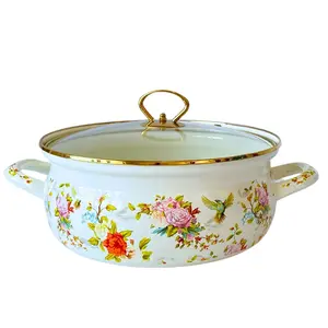 Floral Pattern Enamel Seafood Pot, 1 Count Multi-functional Pot with Lid & Handle, Kitchen Cookware for Home Use, Kitchen Accessories