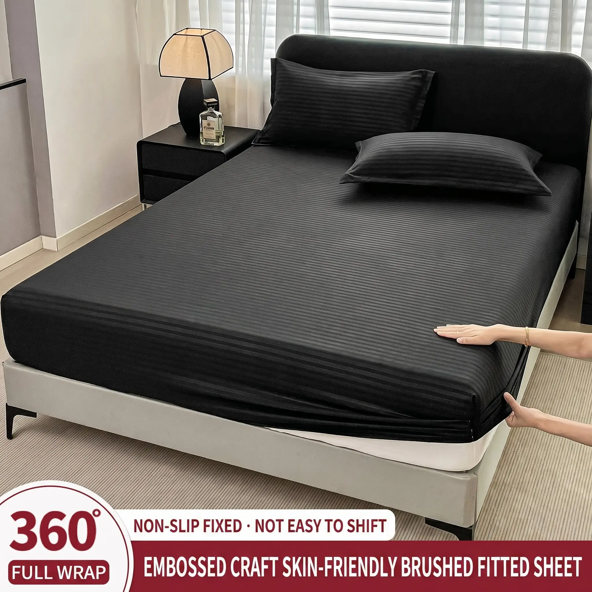 1pc Single-bed fitted sheet, striped, brushed finish, skin-friendly and soft, plain colour, machine washable, easy to remove and wash, secure fit, non-slip mattress cover, Fitted Mattress Sheets, Bedding Sheets