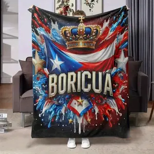 Puerto Rico Pride Flannel Blanket - Vibrant Puerto Rican Flag Design with Crown and Stars, Comfortable All-Season Comfort, Suitable for Sofa, Office, or Outdoor Use - Perfect for Christmas, Weddings, Birthdays, Ev
