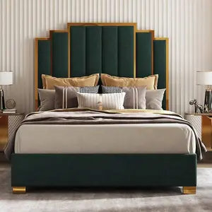 Upholstered Velvet Bed Frame With Gold Trim Headboard, Modern Design, No Box Spring Needed Black White Color Block Sofa Set