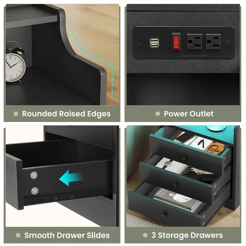 Sikaic LED Nightstand with Charging Station & Drawers