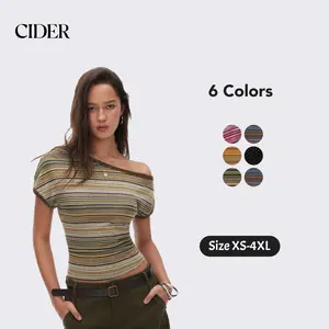 Cider Striped Asymmetrical Neck Short Sleeve Top SummerWins