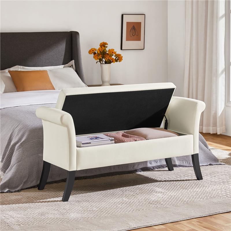 Yaheetech 52in Storage Bench Ottoman Bench Tufted Entryway Bench with Rolled Armrests Footstool with Large Storage, Fabric/Faux Leather