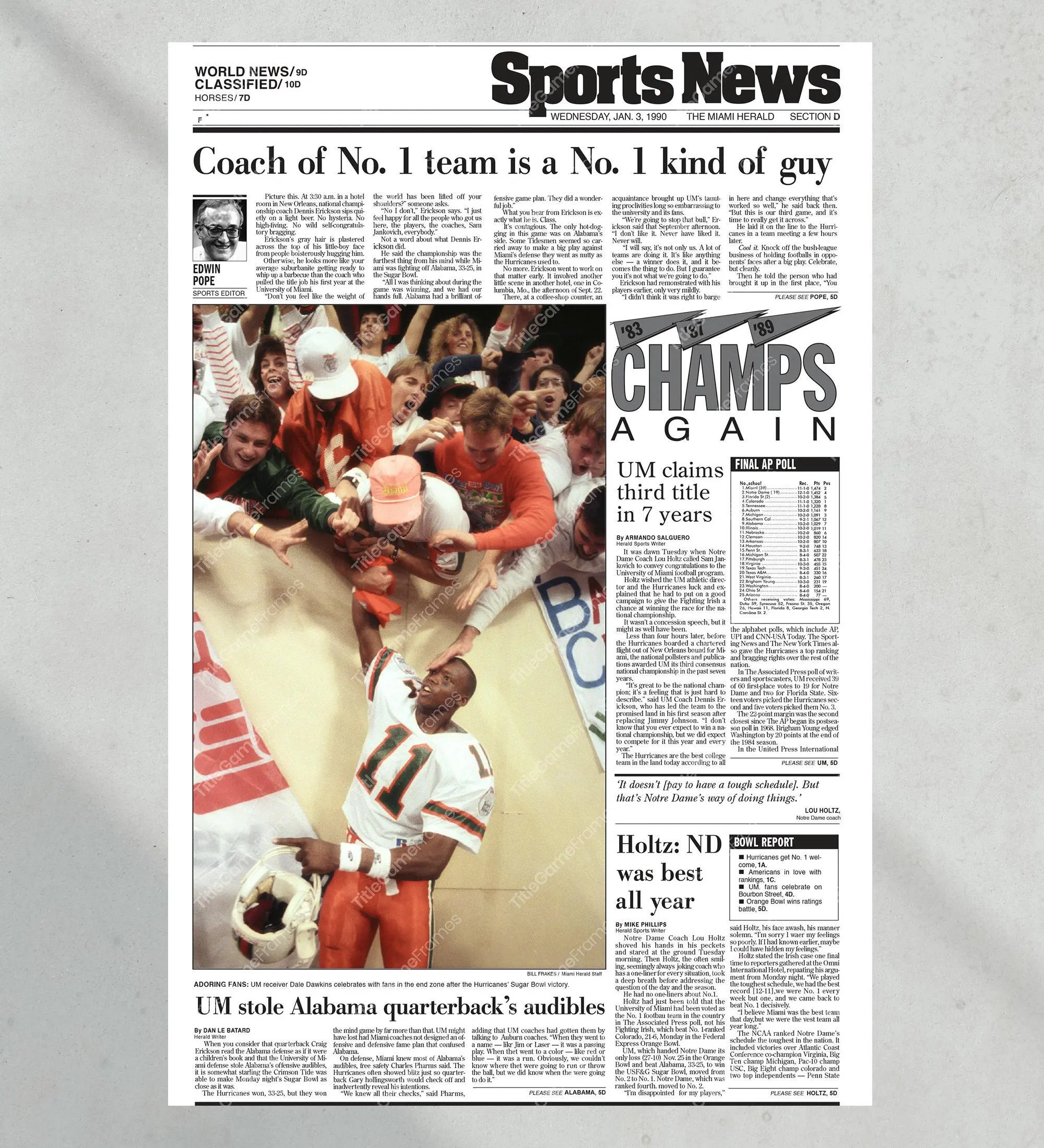 1989 Miami Hurricanes: 'Champs Again' National Football Champions Unframed Poster