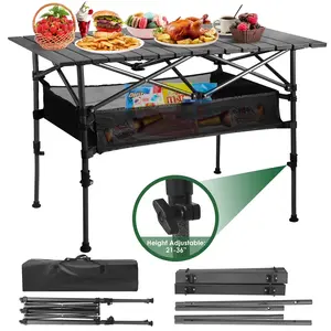 Premium Adjustable Height Folding Camping Table, 0.9mm Thick Steel Construction, Durable Outdoor Desk for Picnics, Parties, and Camp Kitchens, Dimensions: 37" x 22" AMTPM