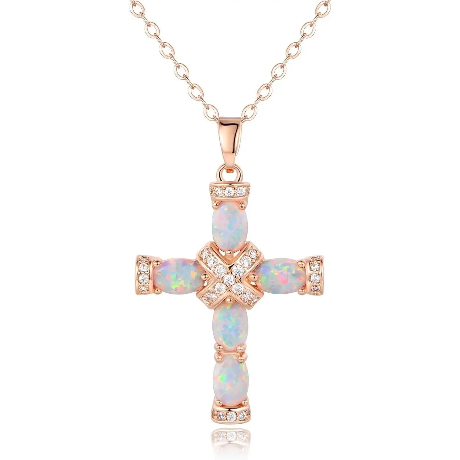 18K Gold Plated Created Opal Cross with Chain, 18 Inches with 2 Inches Extension