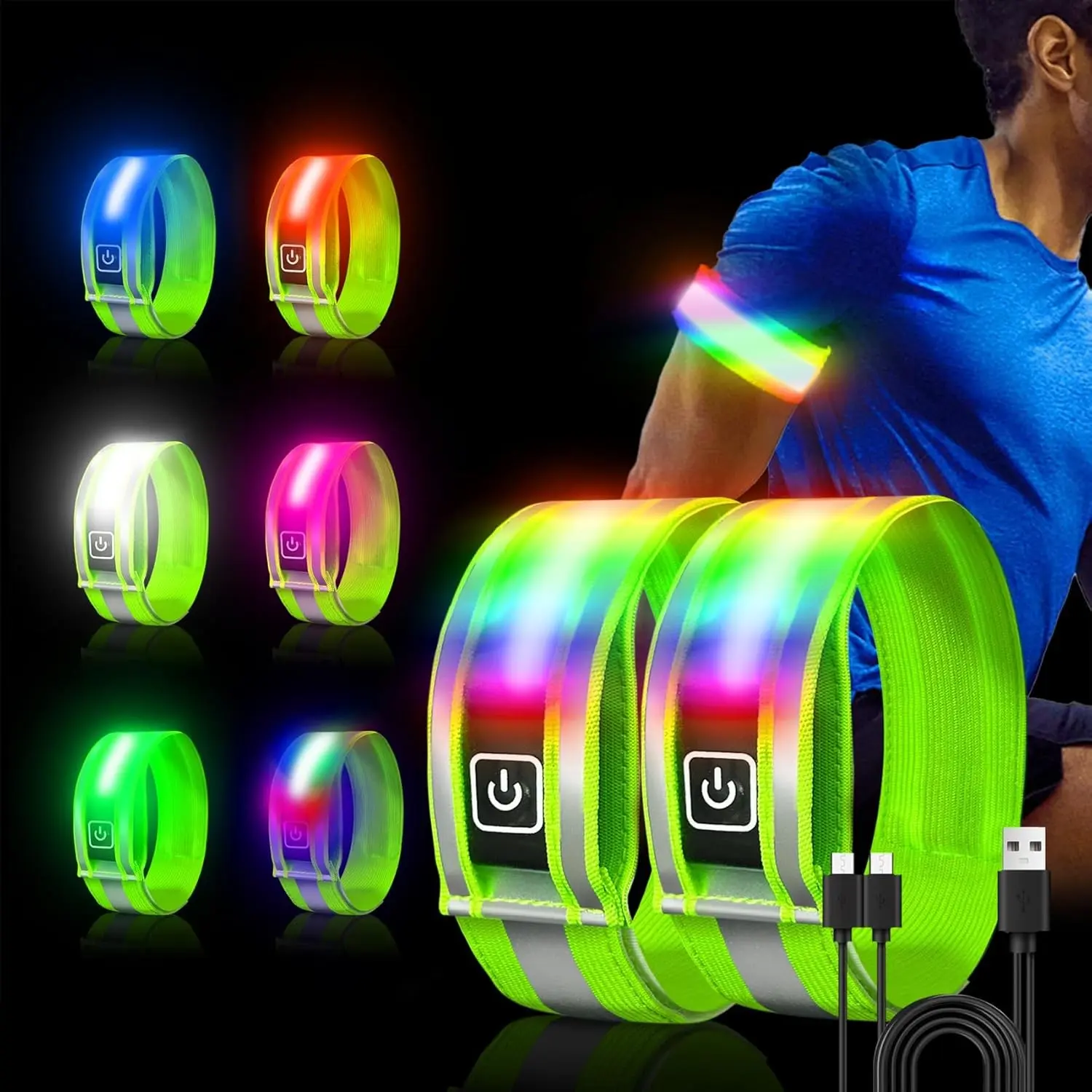 2 Pack Rechargeable LED Armbands for Running, High Visibility Reflective Running Gear, 6 Colors Light Up Armbands for Night Walking, Running Lights, Running Gift for Men Women