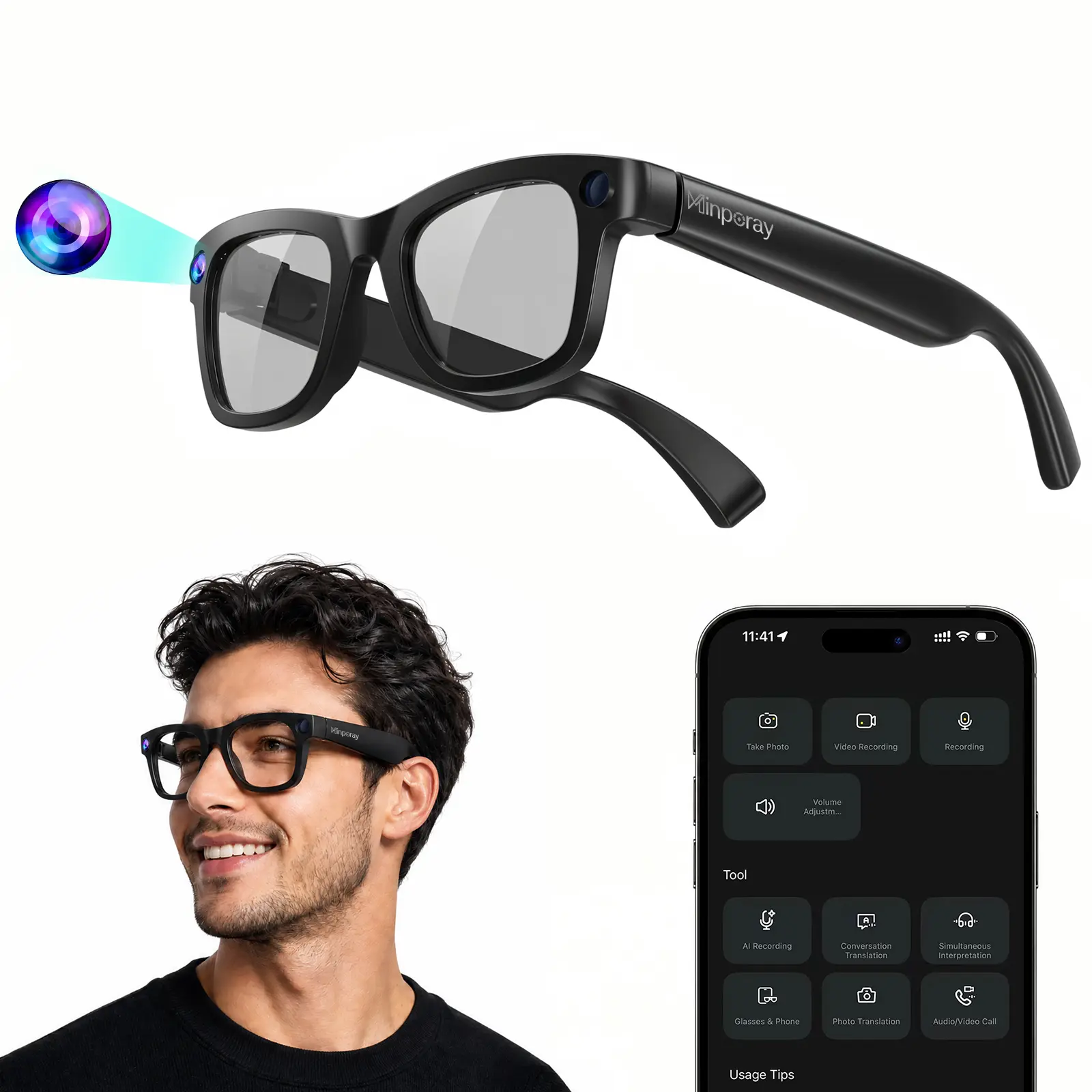 Matte Black AI Smart Glasses with Magnetic Silicon Frame - Bluetooth, 8MP Camera Video Recording, ChatGPT Built-in, Local Real-Time Translation, Button-Controlled Voice Call, AI Photo Recognition, Open-Ear Audio, Lightweight Wearable for Men