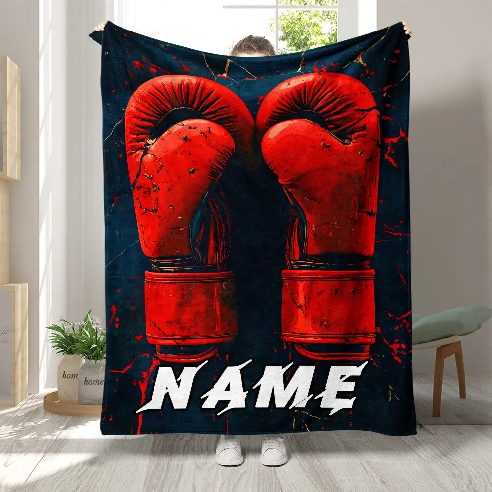 Personalized name blanket with red boxing glove design - soft and warm flannel, lightweight home decoration, suitable for sofas, beds, travel, camping, offices - customizable, durable, all season use