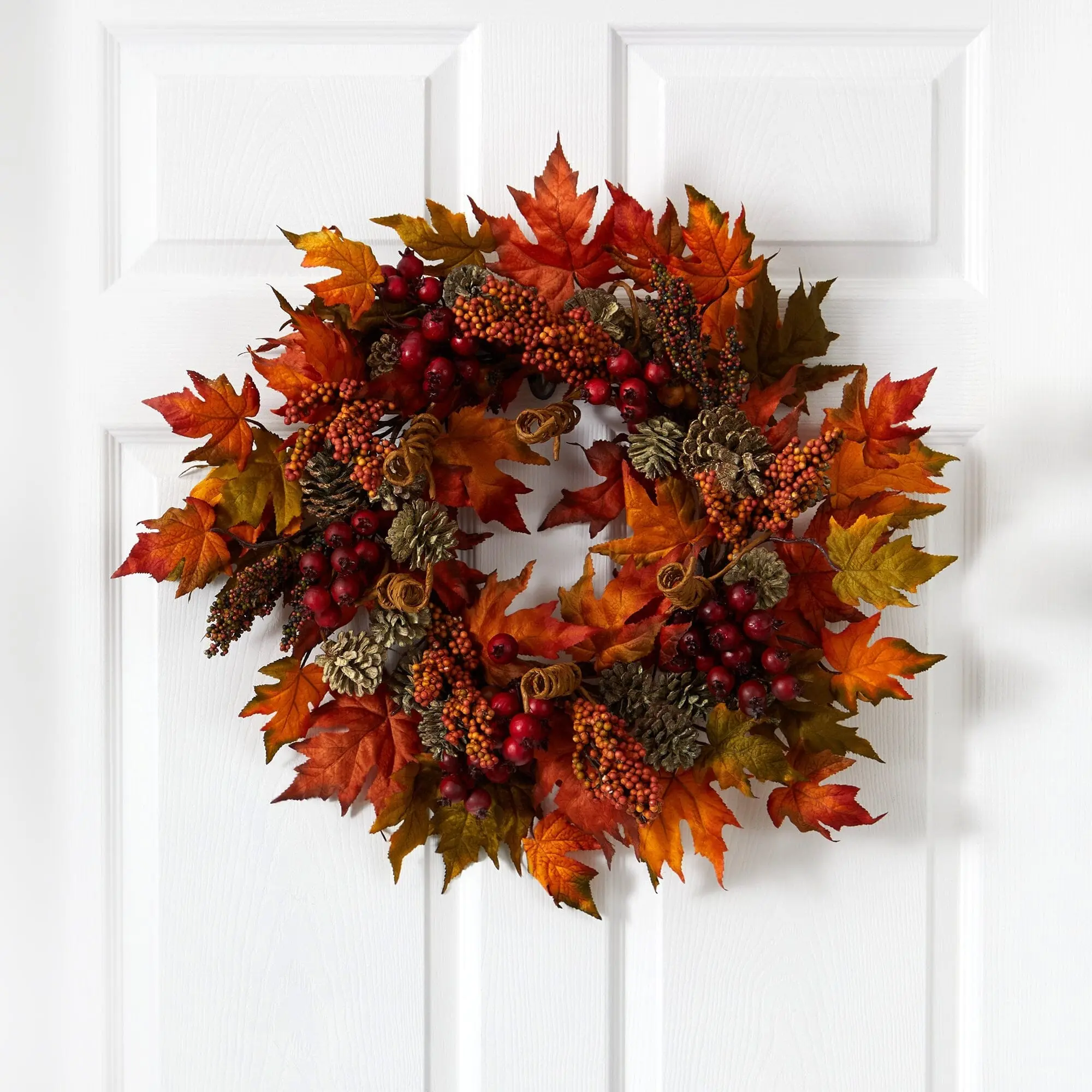 24in Full Diameter Christmas Traditional Maple Leaf & Berry Mix Wreath - Long-Lasting Festive Home Decoration with Ornaments for Holiday Use