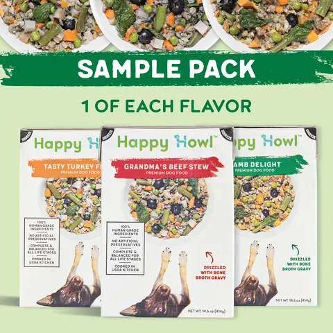 Happy Howl Sample Pack - 1 of Each Flavor Lamb Turkey and Beef Real Food for All Life Stages AAFCO Standards 100% Human Grade Ingredients