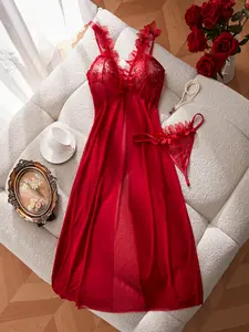 AESKEIA Women's 2 Piece Lingerie Set Long Sheer Mesh Nightgown Floral Lace Deep V Maxi Babydoll Split Front Dress with Panty Romantic Gift