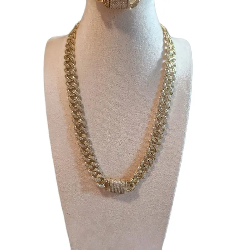 Men's & Women's 2-Piece Cuban Chain and Bracelet Set - Full Rhinestone Zirconia Coverage, Glamorous Costume Fashion Jewelry Sets, Glamorous Jewelry Sets