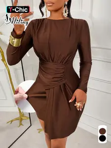 Aliling Women's Elegant Long Sleeve Dress, Formal Wear, Round Neck Cross-Bound Slim Fit Medium-Length, Perfect for Christmas Parties, Holidays, Dates, Valentine's Day