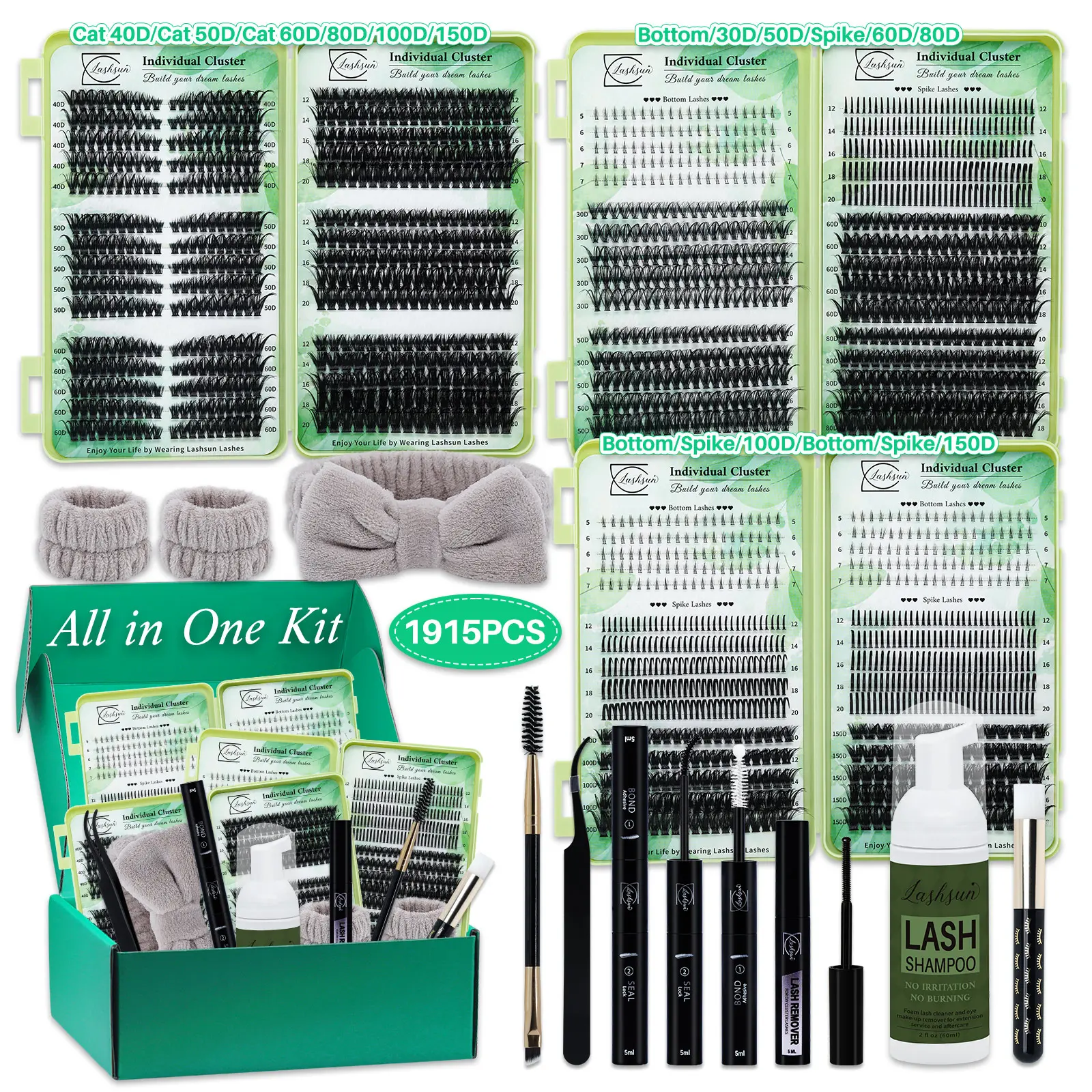 1915 Pcs Large Capacity Lash Set, Lashes Extension Set, D Curl 11 Styles Cat/Volume/Bottom Lashes Kit with Bond&Seal Remover Brush Tweezers Headband Wristband, Perfect for Beginners&Proficient, DIY at Home Easily, Diy Eyelash Cluster
