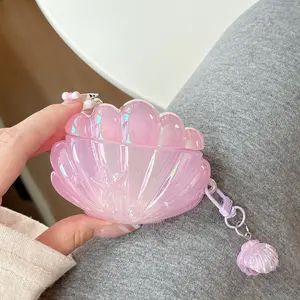 For AirPods Case Glittery Purple Shell Style Electroplating process Earphone Protective Case Compatible With AirPods 1/2/3/4/Pro/Pro2 Designed For Girls With Ocean Element Pendant