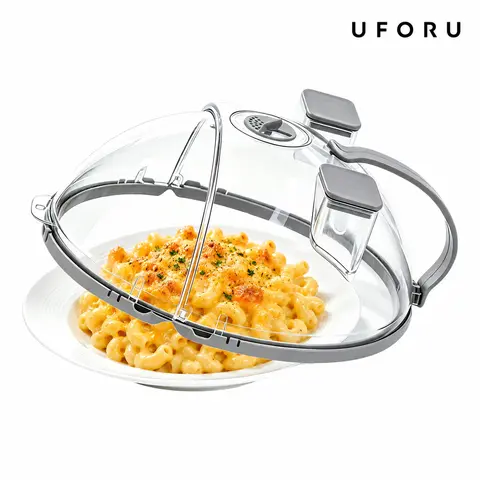 UFORU Upgraded 10-Inch Vented Microwave Splatter Cover Utensil - 2-in-1 Moisture Food Dome with 2 Steam Reservoirs, Cool-Touch Sturdy Lightweight Handle, Folds to 90° for Easy Cabinet Storage, Hanging Dustproof Kitchen Gadget for Steak, Quick Rinse