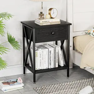 Nightstands Set of 2, Modern Bedside End Tables, Night Stands with Drawer and Storage Shelf for Living Room Bedroom, Industrial Metal Frame