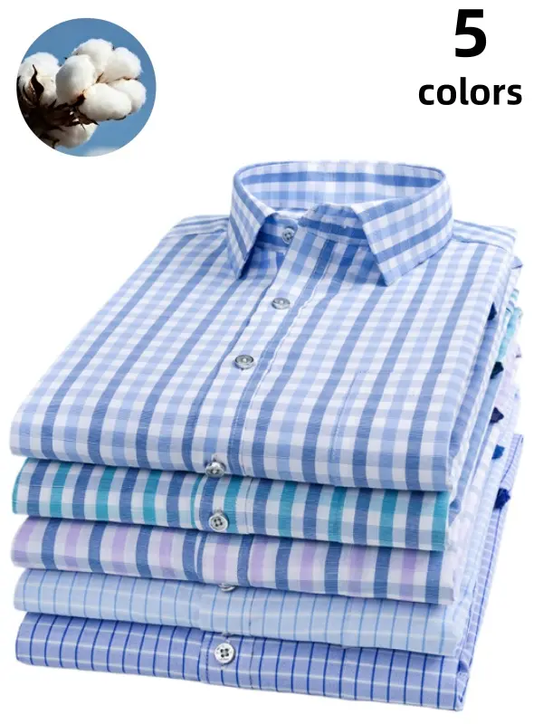 Men’s cotton plaid long-sleeve shirt with a turn-down collar and button design; suitable for workwear, soft and breathable, wrinkle-resistant and lightweight—a business casual top ideal for everyday office wear and for spring and autumn.