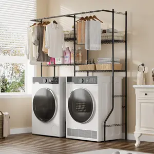 Over Washer and Dryer Storage Shelf, Adjustable 4-Tier Laundry Organizer with Hanging Rods and Hooks for Laundry Room Space Saving