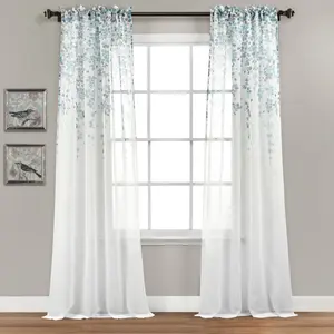 Lush Decor Weeping Flower Sheer Window Curtain Panel Set 84"L x 38"W Floral Printed 100% Polyester Sheer No Lining 3" Rod Pocket Interior Decoration Accessories