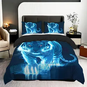 3pcs Bedding Set, Cool Blue Warrior Tiger Print, Soft Comfortable Fitted Sheet & Pillowcases, Bedroom Guest Room, No Core Included