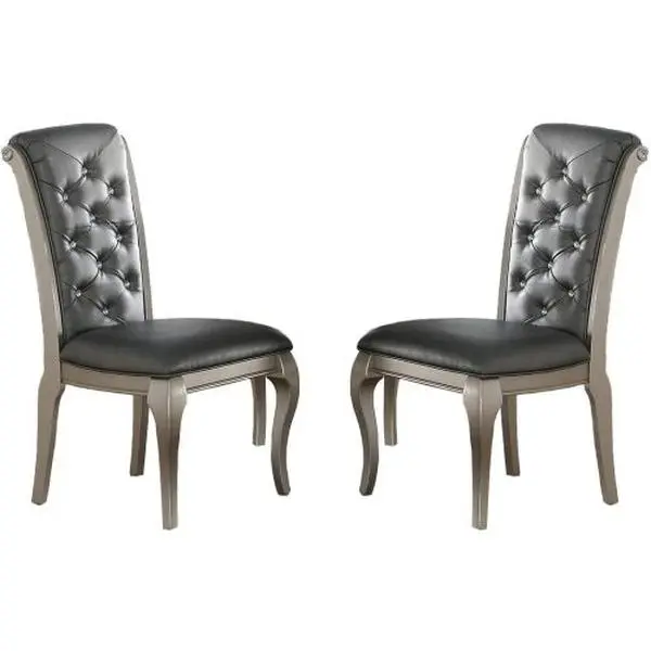 Bellemave Luxury Antique Silver Wooden Dining Side Chairs (Set of 2) - Grey Faux Leather/PU Tufted Upholstered Cushion, Button-Tufted Back Supports, Chair with Cushions for Dining Room Gray Upholstered Chairs