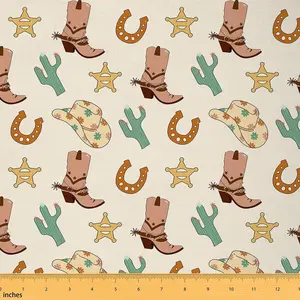 Western Upholstery Fabric,1 Yard,Wild Western Cowboy Fabric by The Yard,Cowboy Boots Cowboy Hat Horseshoe Cactus Waterproof Fabric,Yellow Fabric