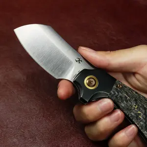 KANSEPT Pluto Pocket Folding Knives Cleaver | Bolster Lock | Titanium & Snake Skin Gold Fatcarbon/Micarta | 2.5" S90V | Munko Knives Design | K3129A Series Blade