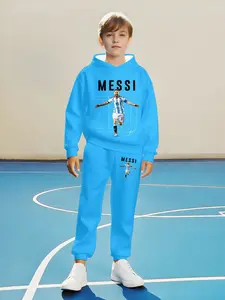 Boys' Football Theme Hoodie & Jogger Set, Casual Sporty Style Fitted Sportswear for Spring & Fall, Warm Comfortable School Training Daily Wear, Athletic Tracksuit