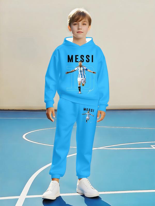 Boys' Football Theme Hoodie & Jogger Set, Casual Fitted Sportswear for Spring & Fall, Warm Comfortable School Training Daily Wear