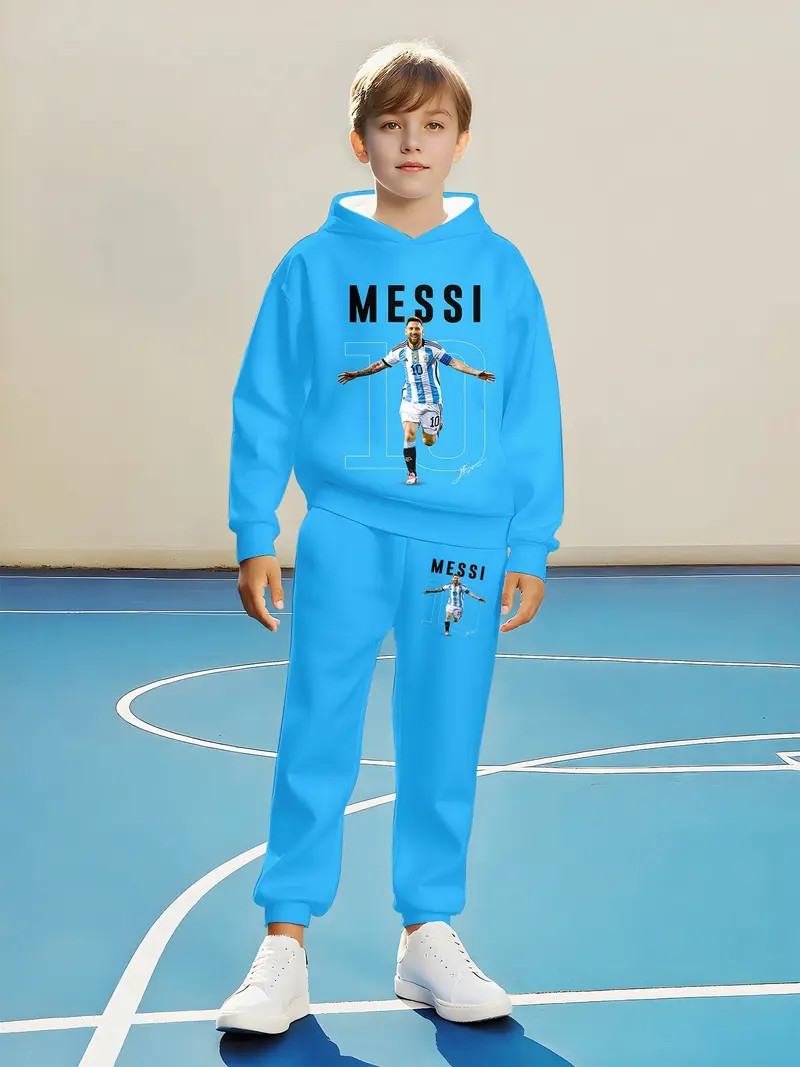 Boys' Football Theme Hoodie & Jogger Set, Casual Fitted Sportswear for Spring & Fall, Warm Comfortable School Training Daily Wear