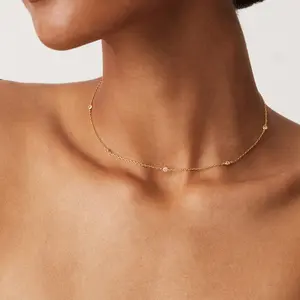 14K Gold Plated Dainty Station Necklace for Women, Minimalist Cubic Zirconia Chain Necklace, Layering Jewelry Gift for Her