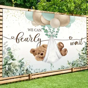 [party banner]1pc, Cute Bear Themed We Can Wait Backdrop Banner, Green Eucalyptus Leaves Balloon Photography Backdrop,  Birthday Party Decoration, Perfect for Teenagers & Party Enthusiasts - Ideal Gift for Birthday Parties  Polyester banner