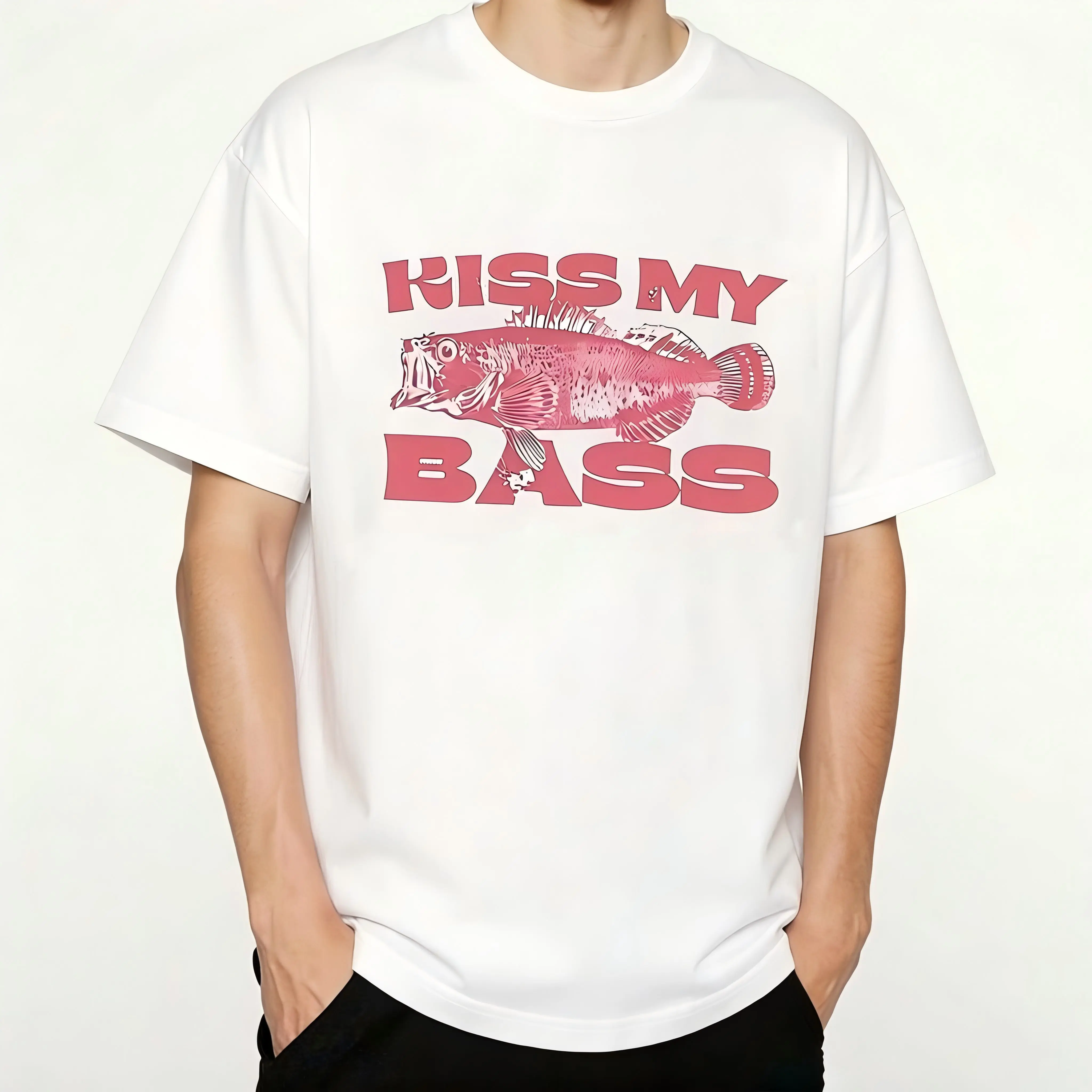 Men's Vintage Kiss My Bass Fishing T-Shirt - Unisex Round Neck Short-Sleeve Menswear Top, Fisher Graphic Pink Minimalist Skin-Friendly All Seasons 2XL Limited Edition, Ideal for Birthday Gifts, Casual Streetwear