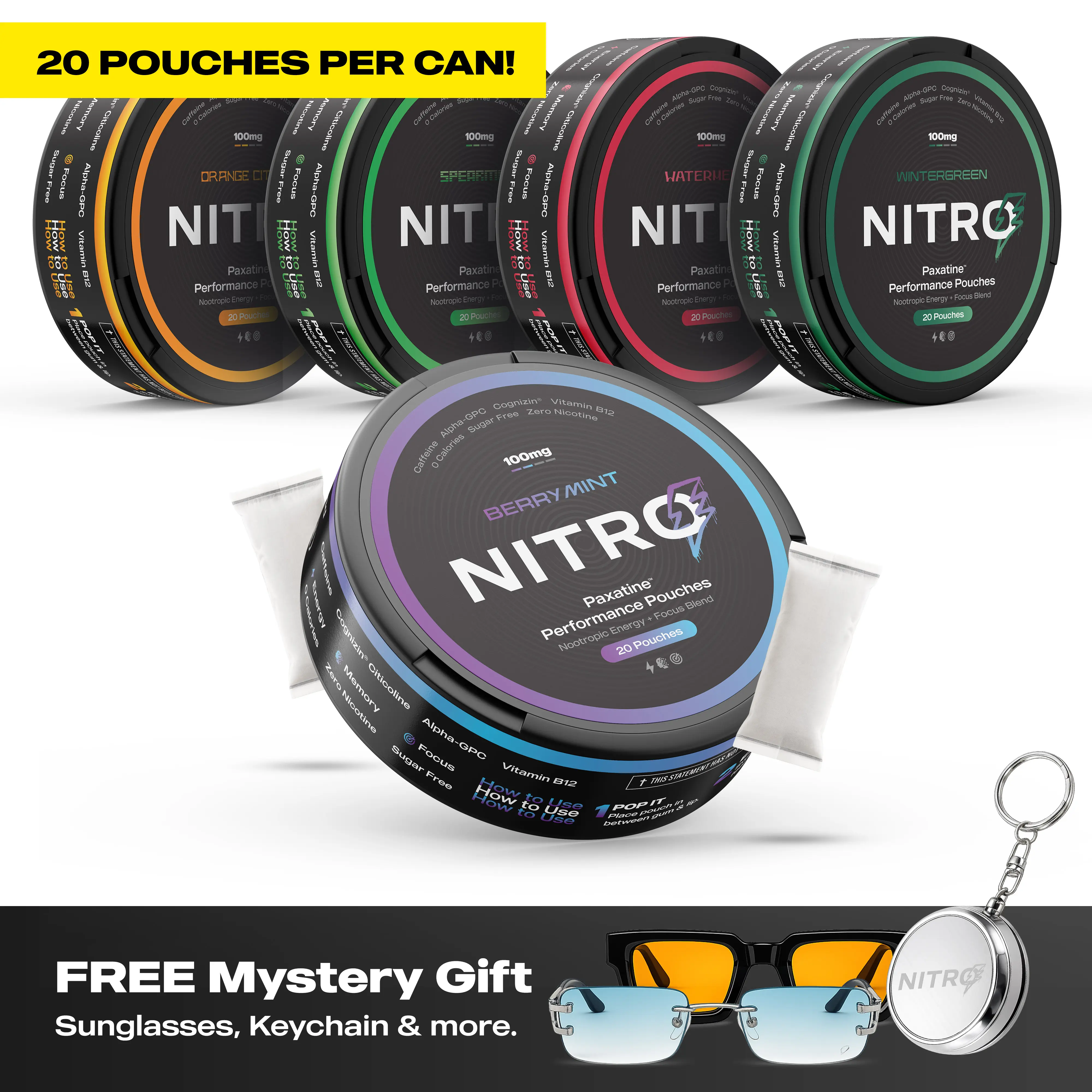 Nitro Nootropic Energy Pouches - Energy + Focus Pouches - 100mg Caffeine, Alpha GPC, Cognizin Citicoline, L-Theanine, Vitamin B12 - No Sugar, Nicotine-Free - 20 Pouches Per Can - 5 Pack - Assorted