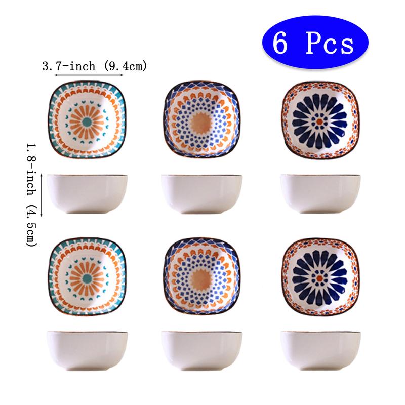 6 Pcs Bohemian-Style Small Ceramic Bowls for Dipping Sauce, Seasonings, Soups, Salads, Cereal, Ice Cream Porcelain Dinnerware, Microwave and Washed Safe