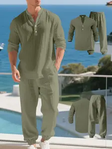 Men's summer linen polo suit, drawstring ankle-length pants, lightweight and breathable fabric, comfortable and loose fit, suitable for daily wear