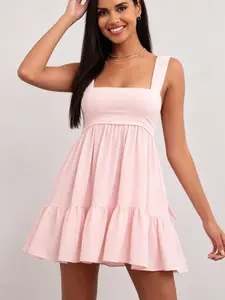 Womens Square Neck Mini Dress Thick Strap Tiered Ruffle Babydoll Dress with Pockets Solid Color 100% Polyester 2026 Summer Casual Commuter Sweet and Spicy Y2K Sundress Flowy Flattering Sleeveless Vacation Outfit Chic Everyday Apparel