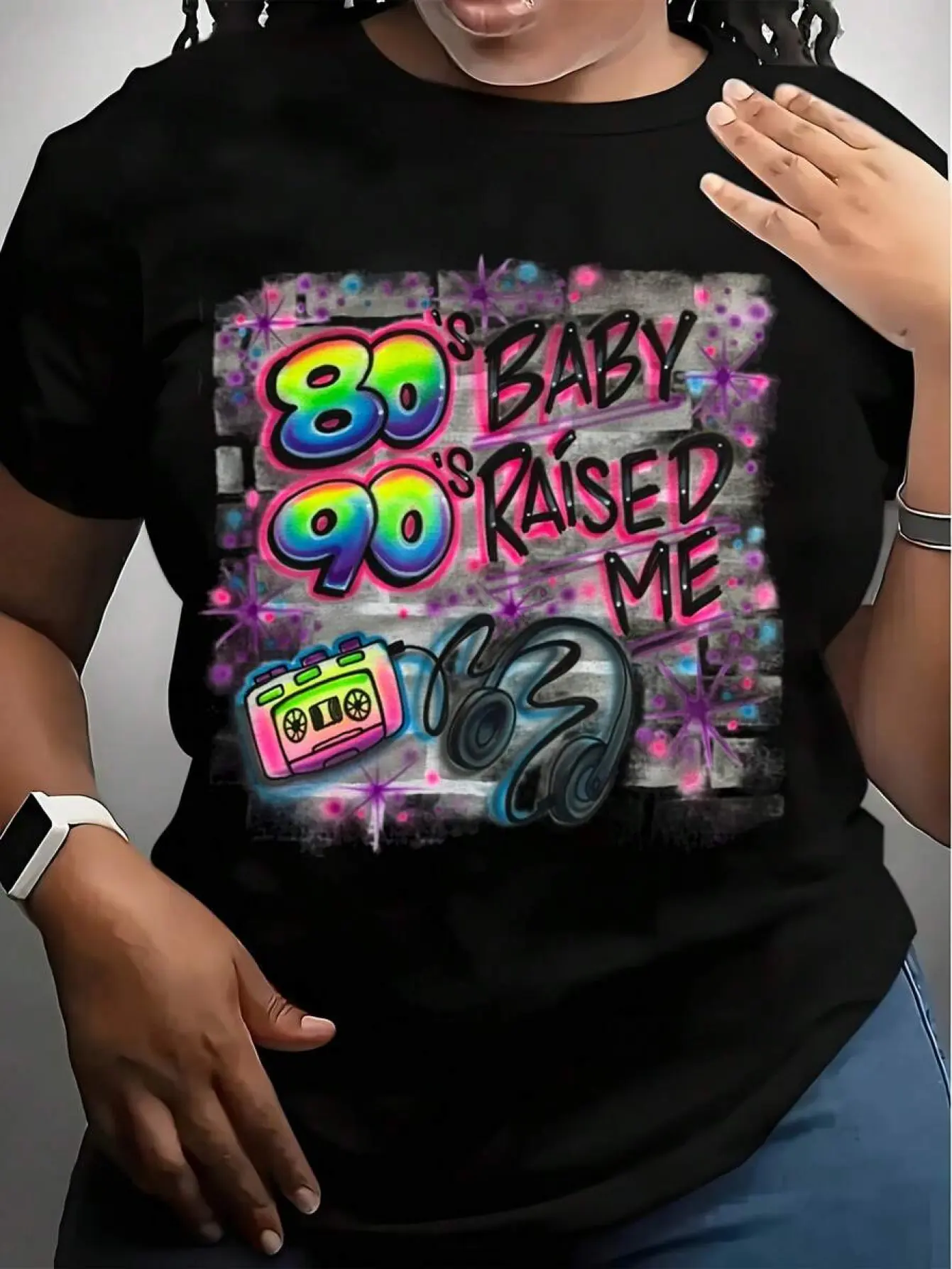 Women's Retro Round Neck Short-Sleeve T-Shirt with 80s-90s Pop Art Graphic Print, Streetwear Top for Themed Parties, Casual Wear, Tshirt