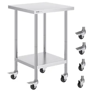 VEVOR Stainless Steel Work Table 24 x 24 x 38 Inch,  700 LBS Load Capacity with 4 Wheels, 3 Adjustable Height Levels, Heavy Duty Food Prep Worktable for Commercial Kitchen Restaurant, Silver