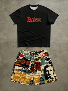 Men's casual round-neck suit with retro letter print for summer outdoor street fashion - short-sleeved top and shorts set