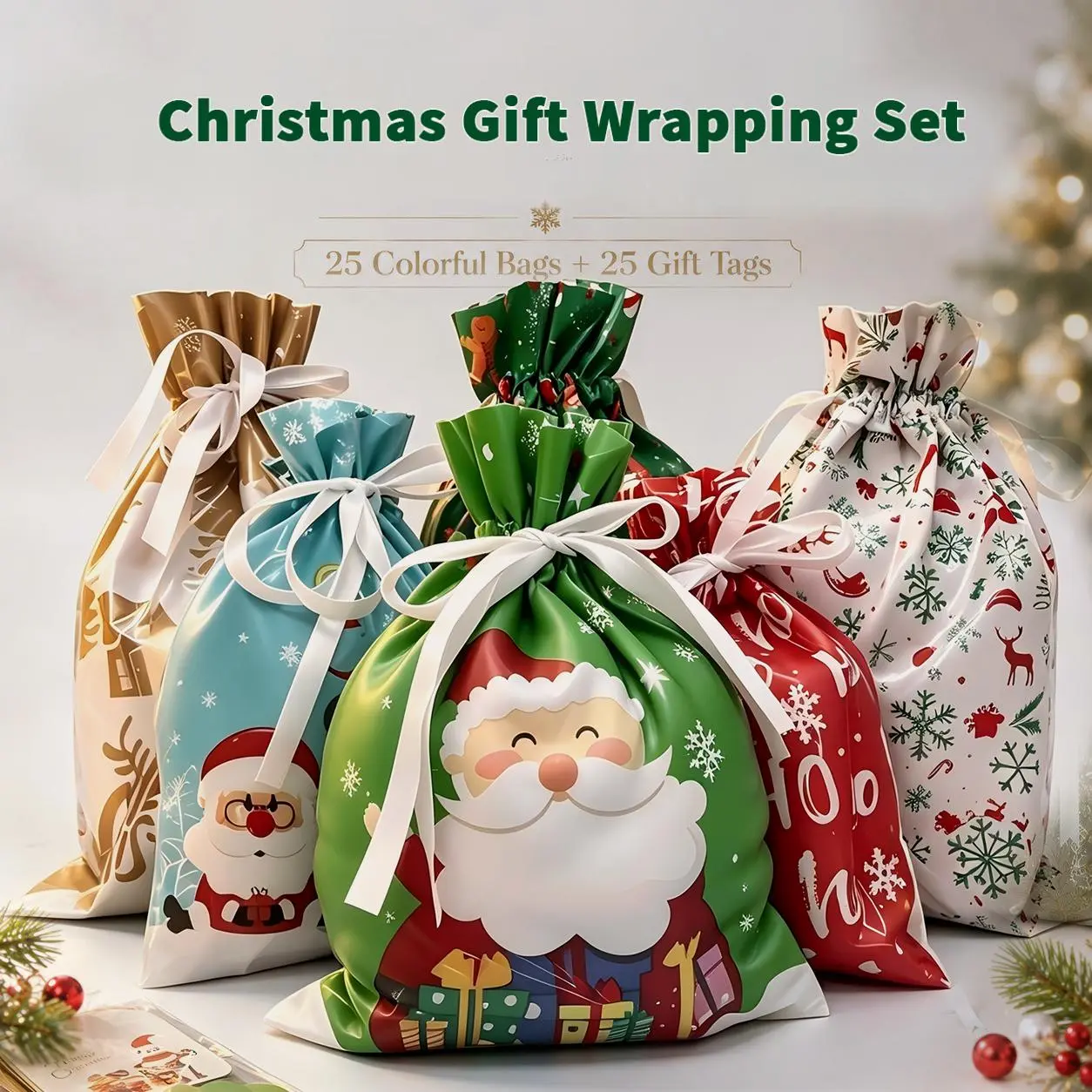 Christmas Gift Bags, 25 Drawstring Gift Bags + 25 Gift Tags, Reusable Candy Treat Bags, 2 Sizes with Assorted Patterns, Christmas Goodie Bags, Holiday Gift Sacks & Party Favor Bags for Candy, Treats & Small Gifts#tiktokshopstockupsohochic
