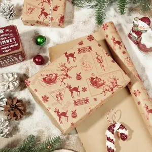 Vintage Black Holiday Postmark Design with Reindeer, Santa & Nutcracker, Gift Wrap for Xmas, Kraft Christmas Wrapping Paper Roll, Mini Roll