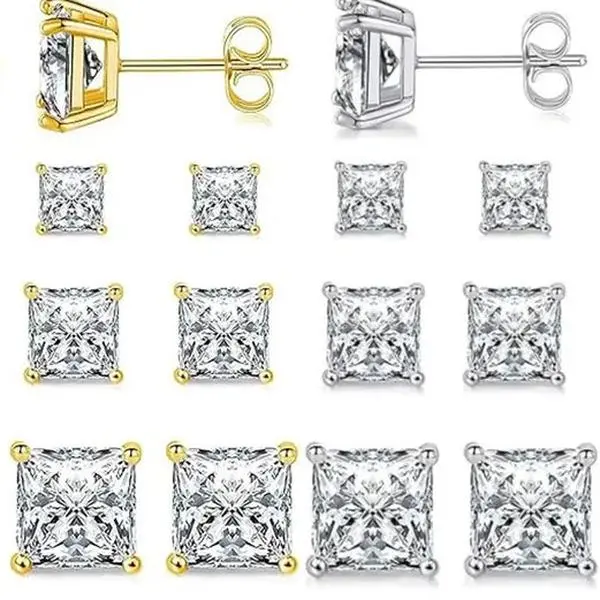 Princess-Cut Stud Earrings in S925 Sterling Silver for Adults, Multi-size 5mm-8mm Cubic Zirconia Jewelry for Any Occasion, Elegant, Premium Craftsmanship
