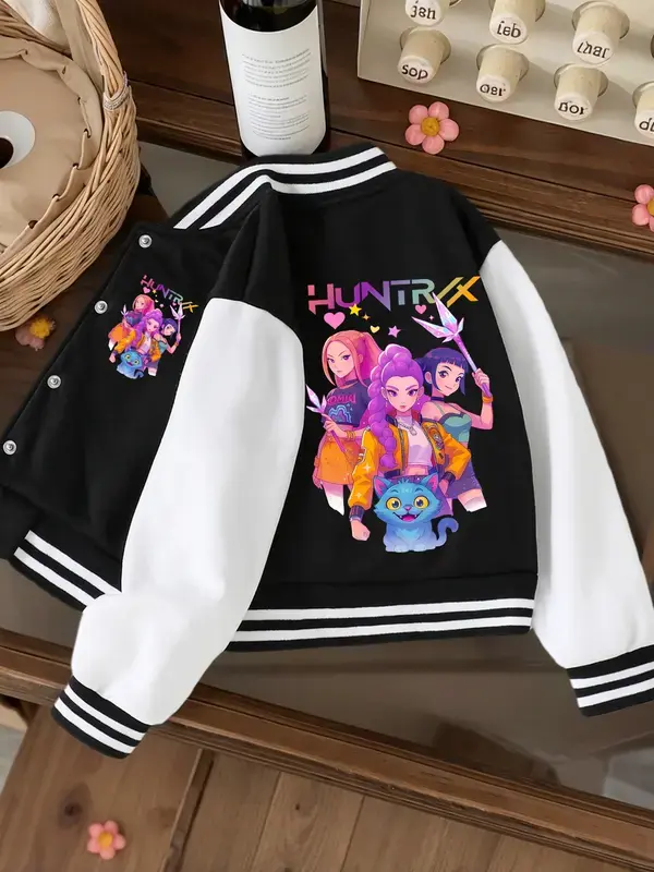 K-Pop Demon Hunters Christmas Jacket, Girls Short Baseball Coat, Cartoon Anime Design, Elastic Fabric, Casual Sports School Uniform, Casual Comfy Jacket