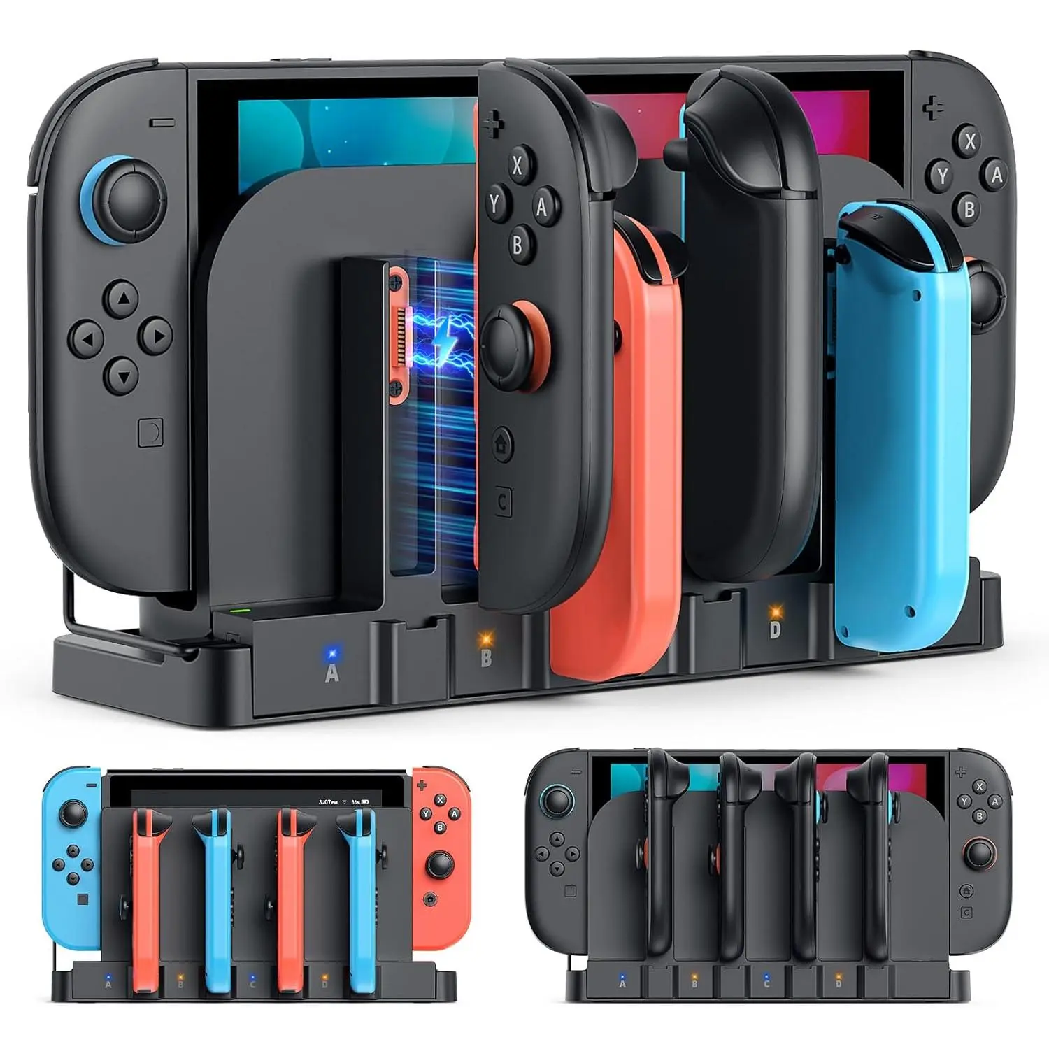 P-PDT07 9-in-1 Dual-Direction Magnetic Controller Charger Dock with Cable & Stand - Fast-Charging for Nintendo Switch 2 2025, Switch 1, Original & OLED Joycon Console Accessories